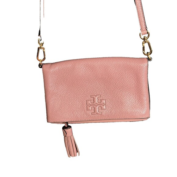 Tory Burch Thea Foldover Crossbody Pebbled Leather Pink  Magnolia Bag Clutch - Picture 1 of 14